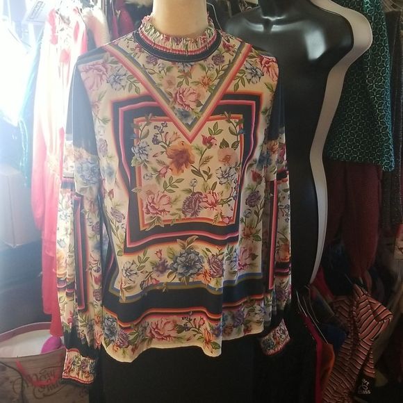 Fashion Nova Mock Neck Long Sleeve Mock Neck Boho Blouse W/Elastic Sleeve Sz.M - Picture 2 of 14